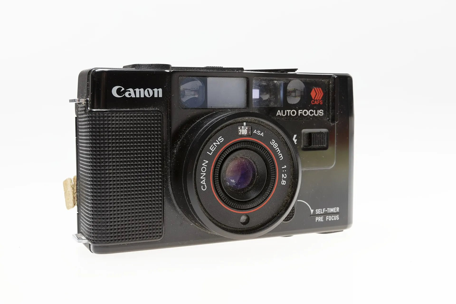 Black Canon AF35M (Sure Shot) 35mm autofocus compact, front view, on a white background
