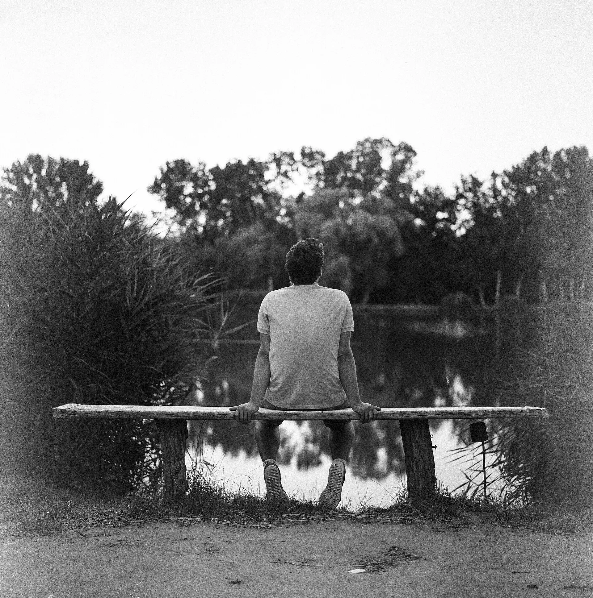 Black and white photo of a person seen from behind sitting on a wooden bench by a lake, framed by trees