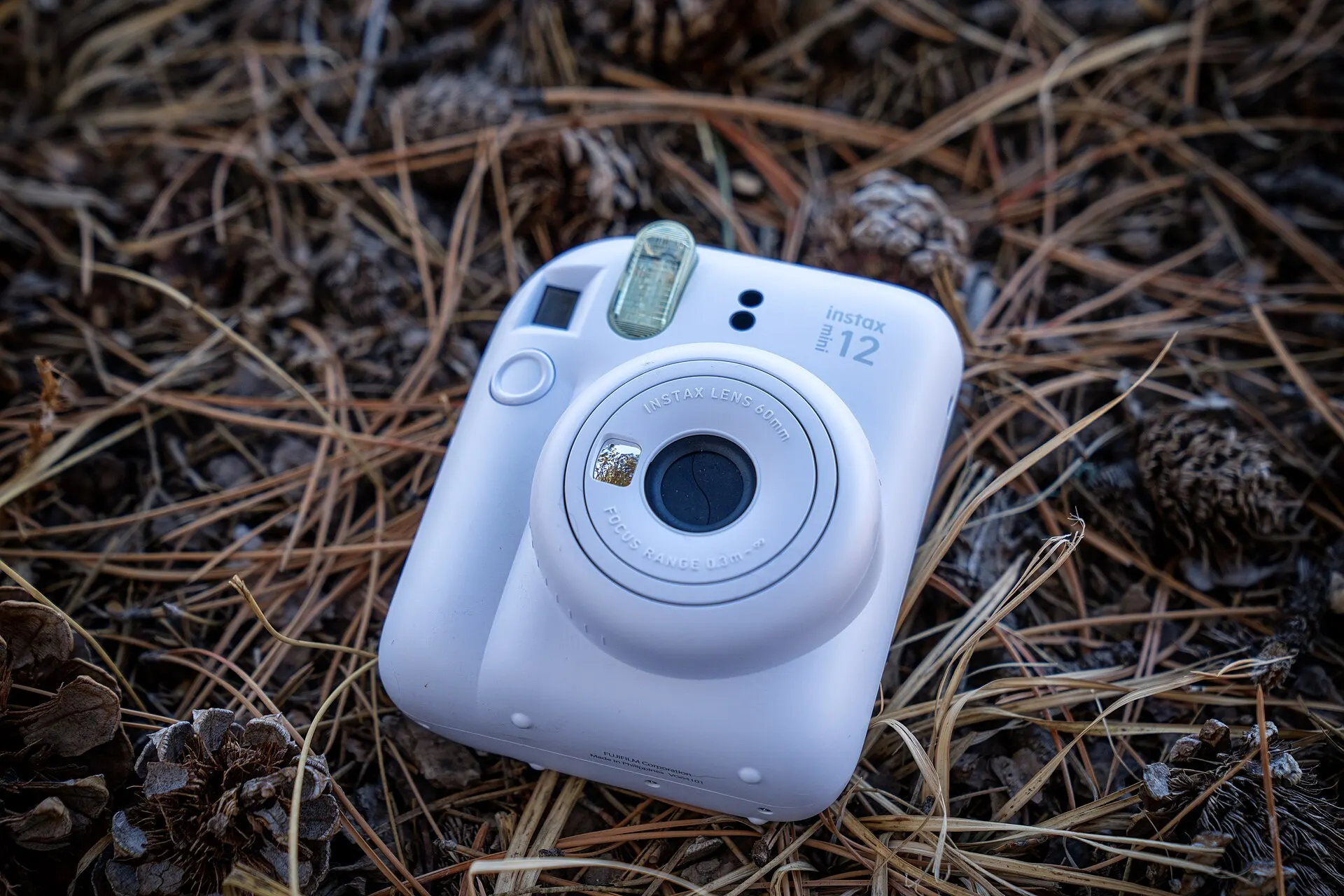A white Fujifilm Instax Mini 12 instant camera lying on pine needles and pine cones