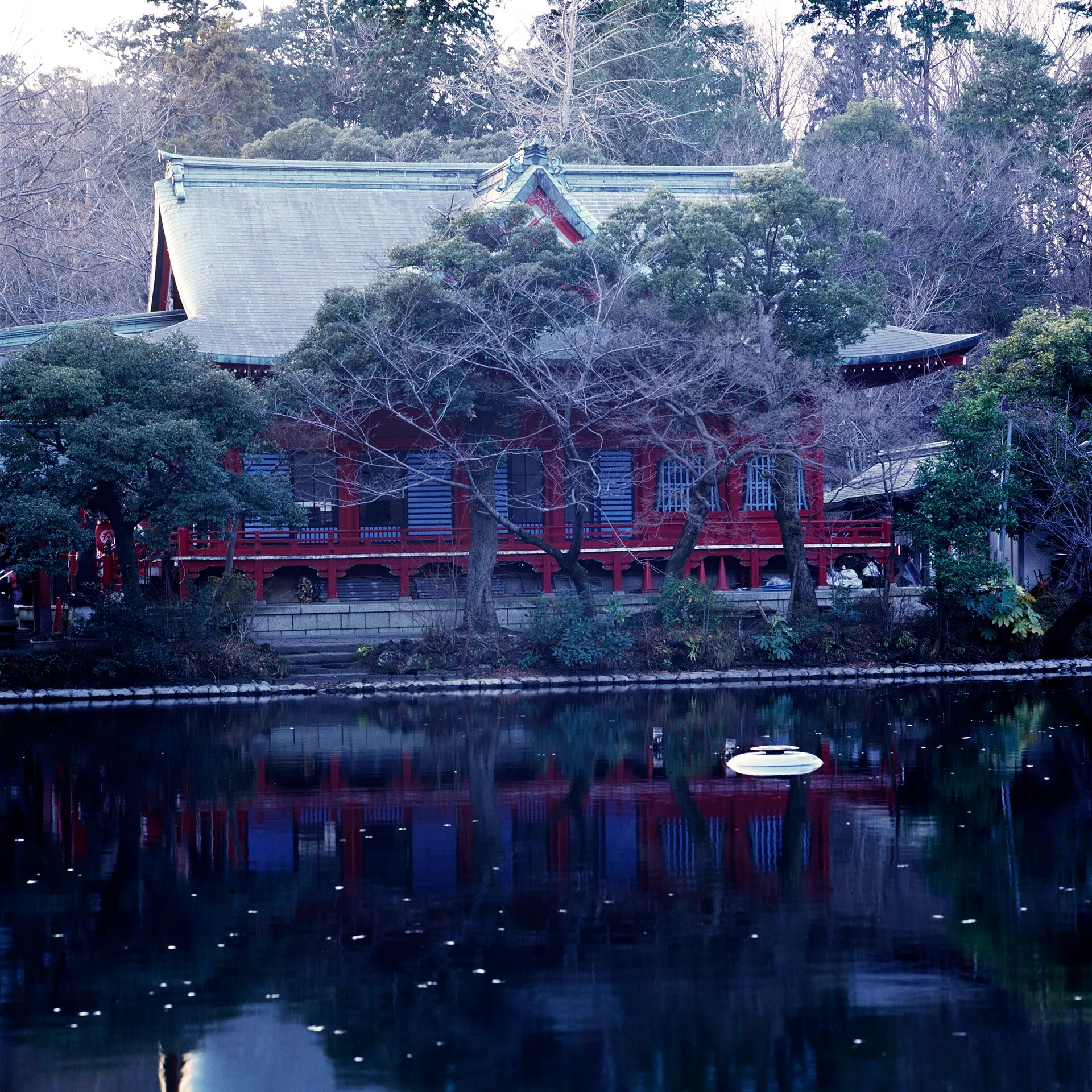 A temple with red railings and bare trees reflected in a dark pond