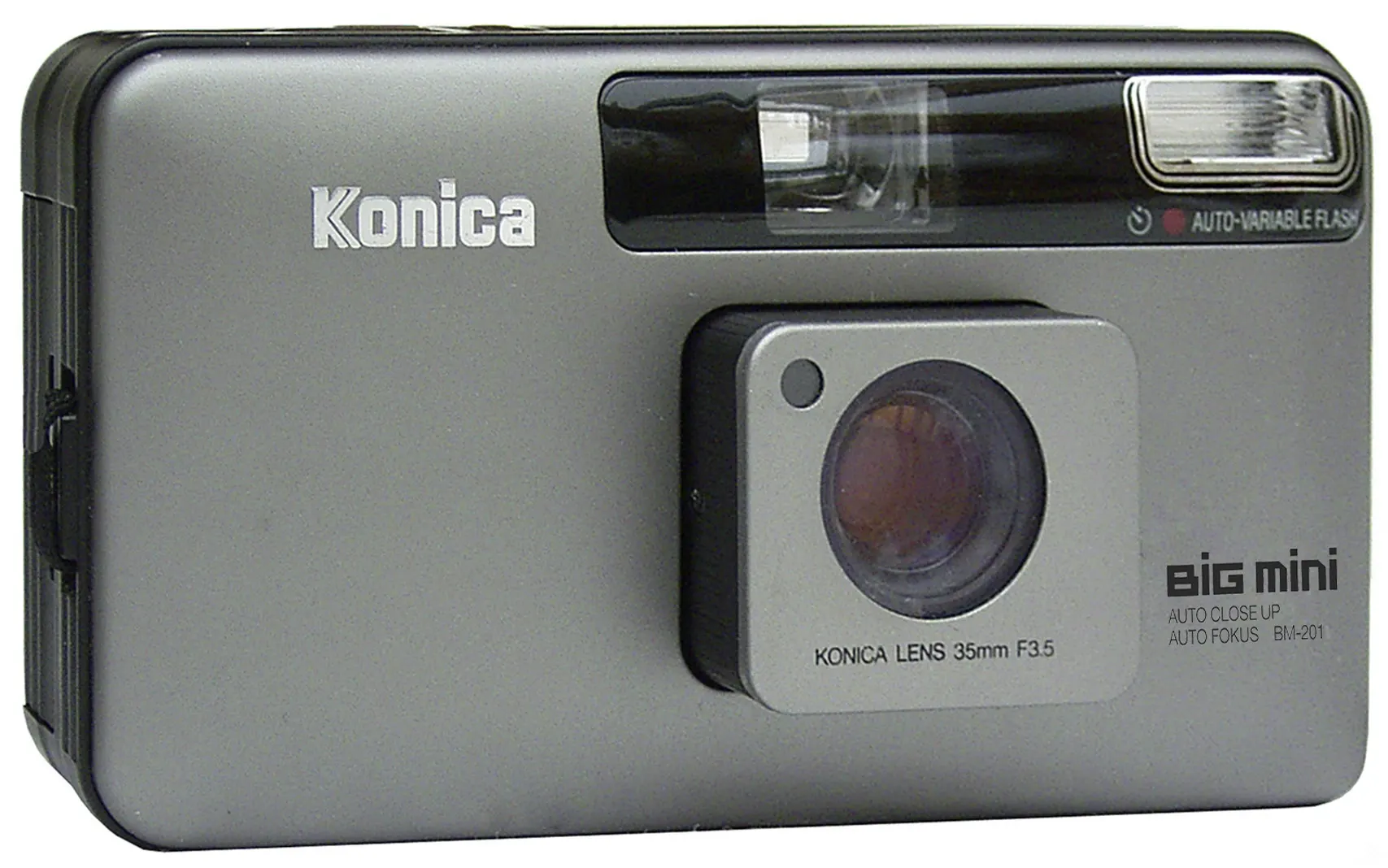 Konica Big Mini BM-201 in gray, front view showing the square lens housing marked Konica Lens 35mm F3.5 and the flash window, on a white background