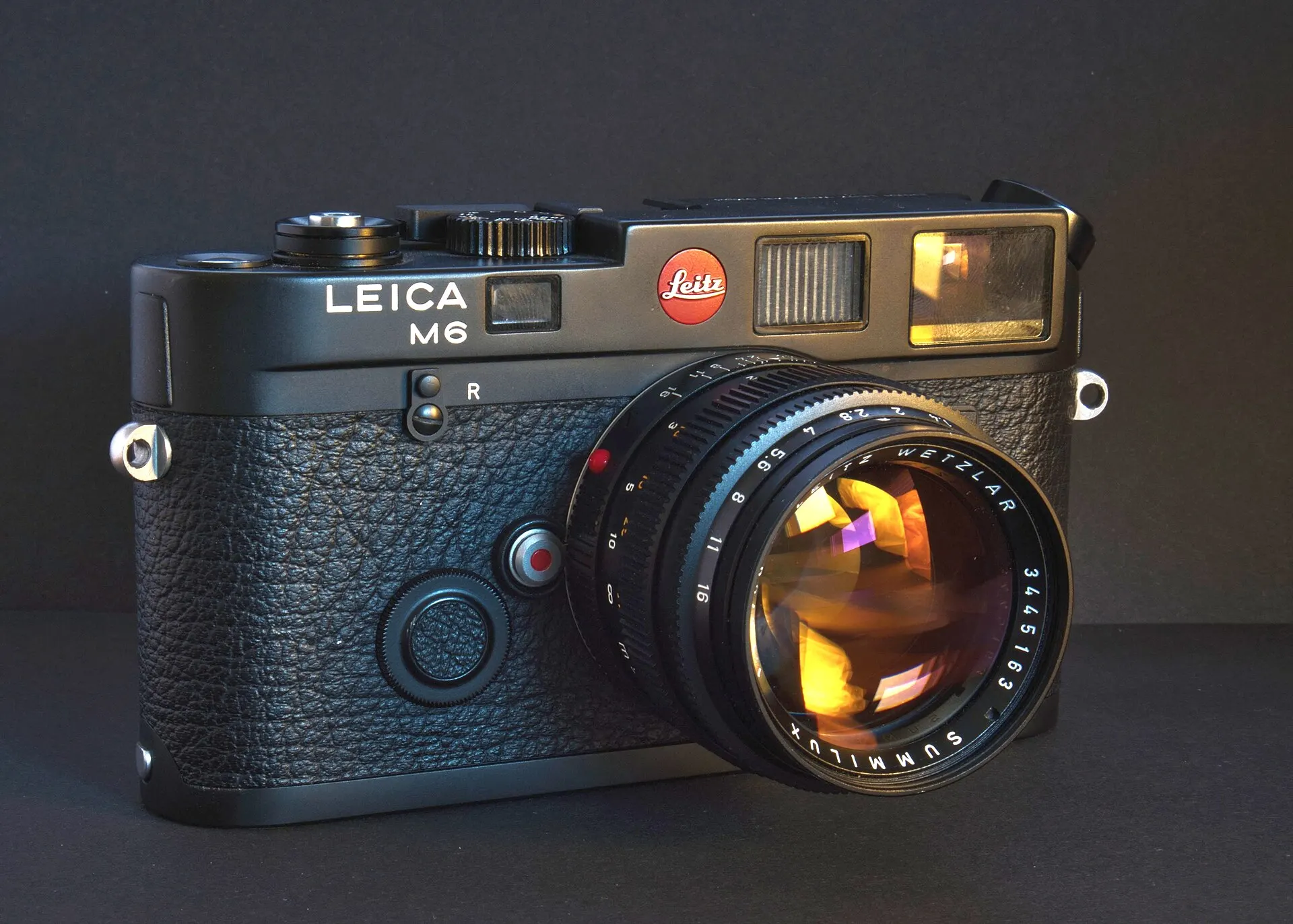 Black Leica M6 rangefinder with a Summilux-M 50mm lens, lit against a dark studio background