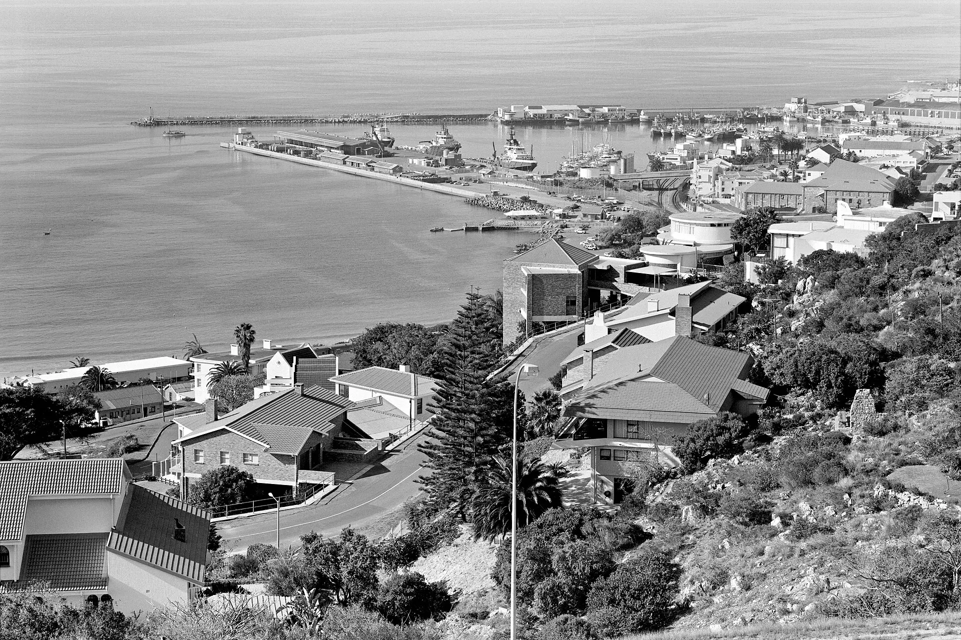 Black and white view over Mossel Bay harbor and Santos Beach, with houses and trees in the foreground