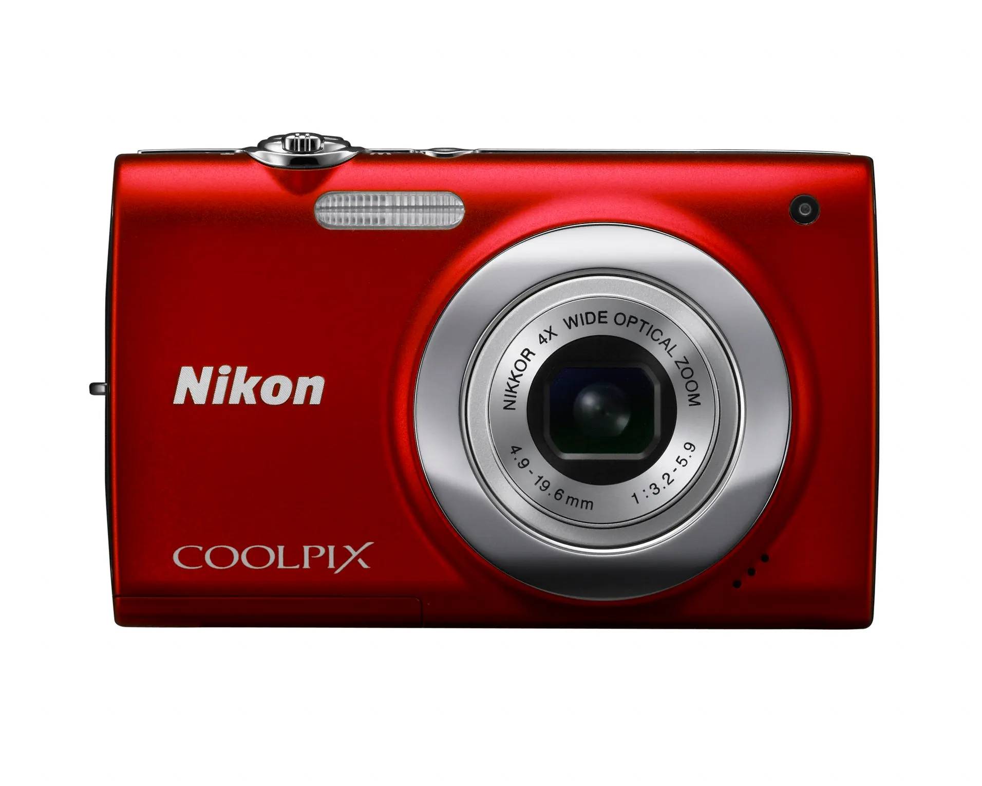 A red Nikon Coolpix S2500 slim compact digital camera seen from the front on a white background