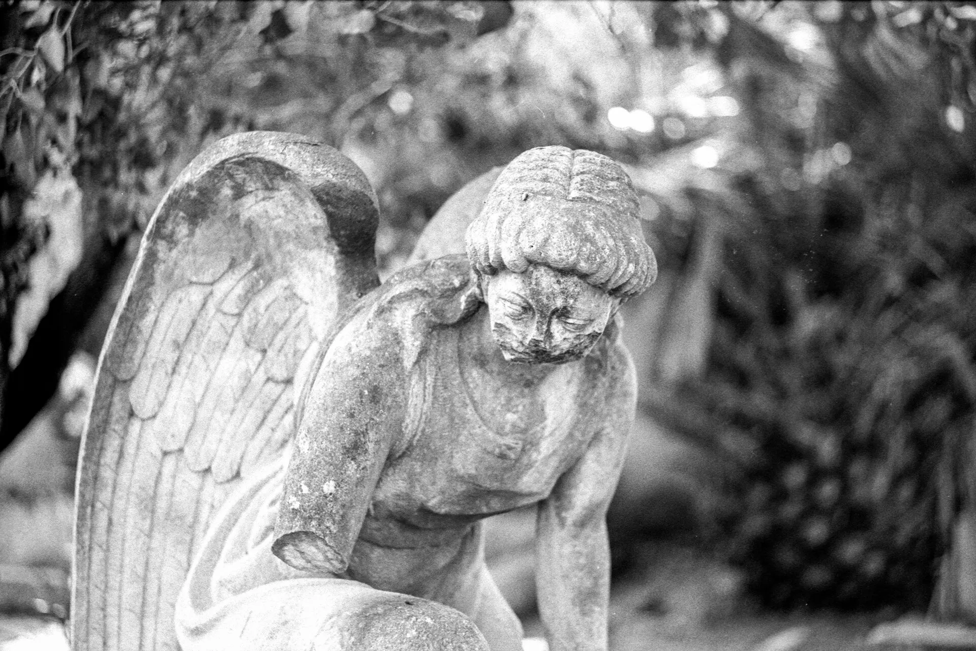 Black-and-white photo of a weathered stone angel statue missing part of its face and an arm