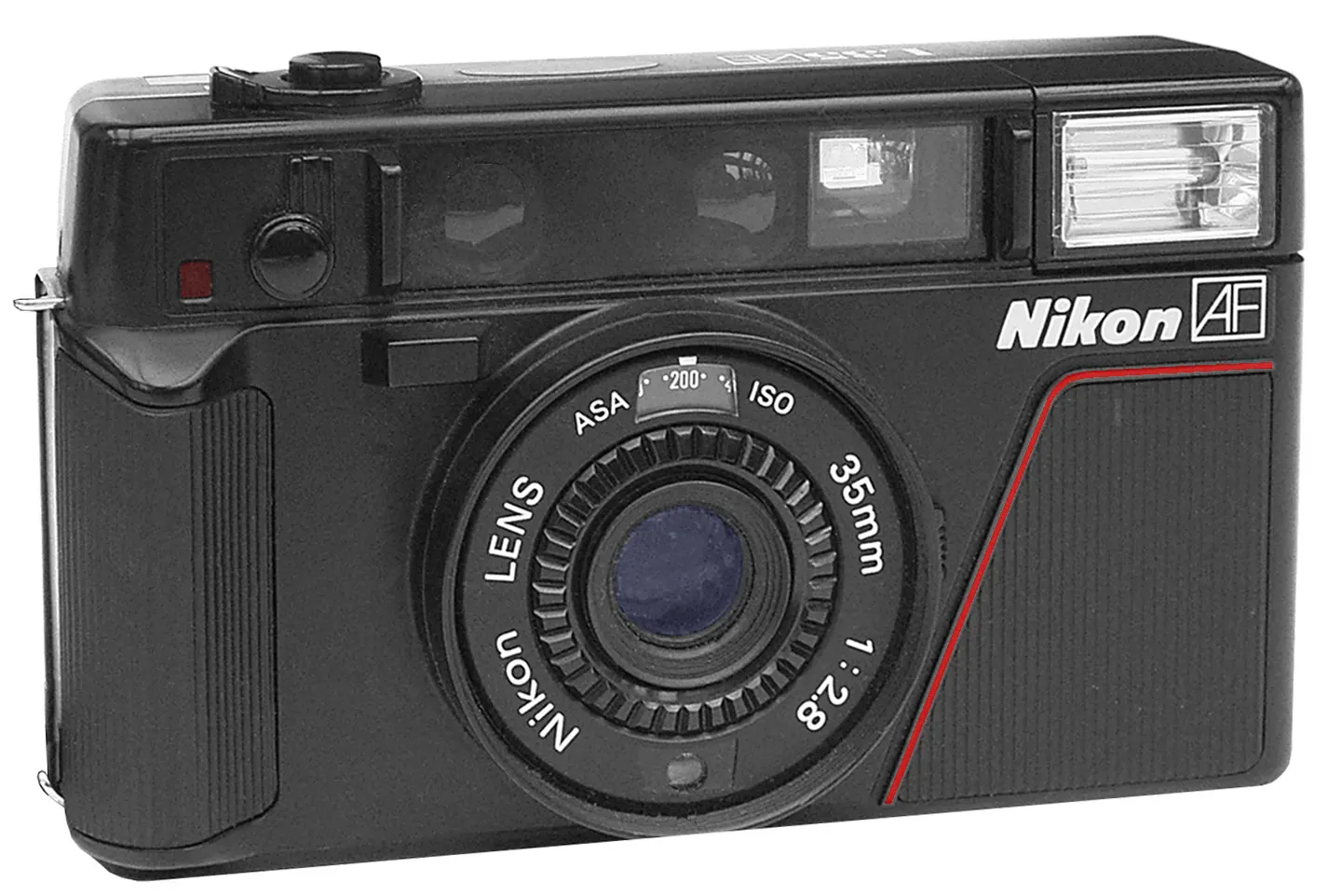 Black Nikon L35AF compact film camera seen from the front, with its 35mm f/2.8 lens, ISO ring and flash window