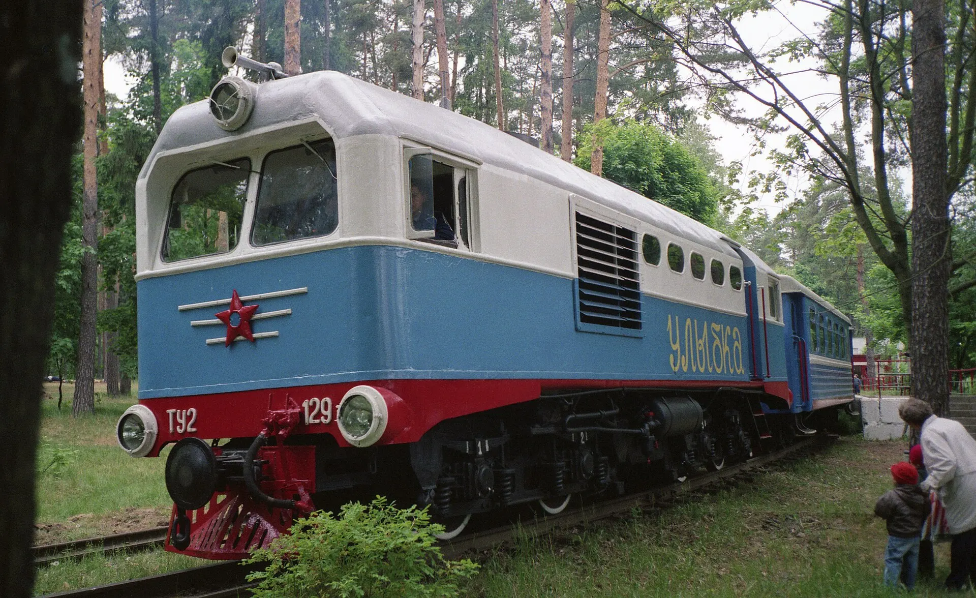 Blue and white TU2 diesel locomotive pulling coaches through a pine forest