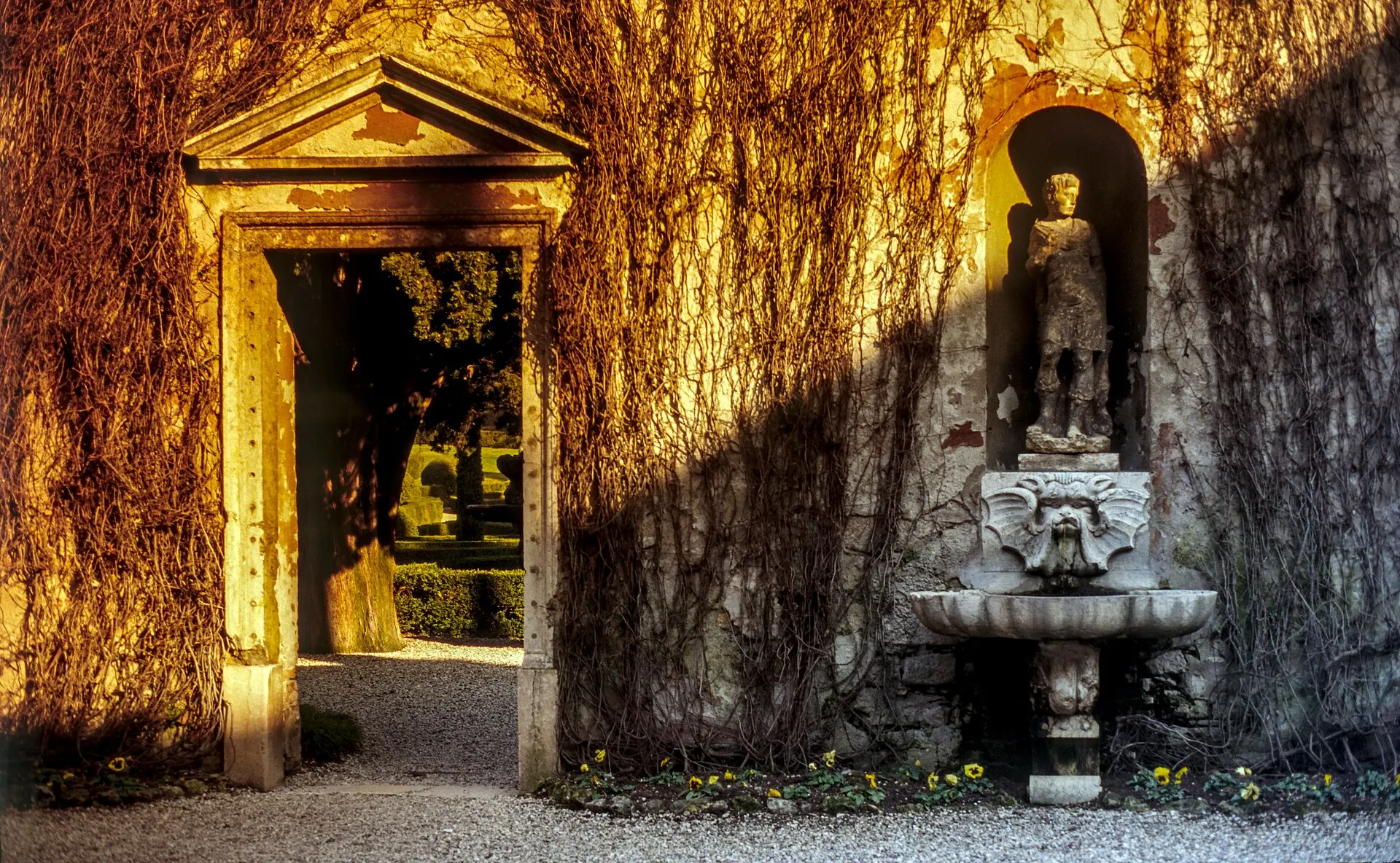Garden entrance with a pedimented doorway, a statue in a niche and walls covered in golden vines