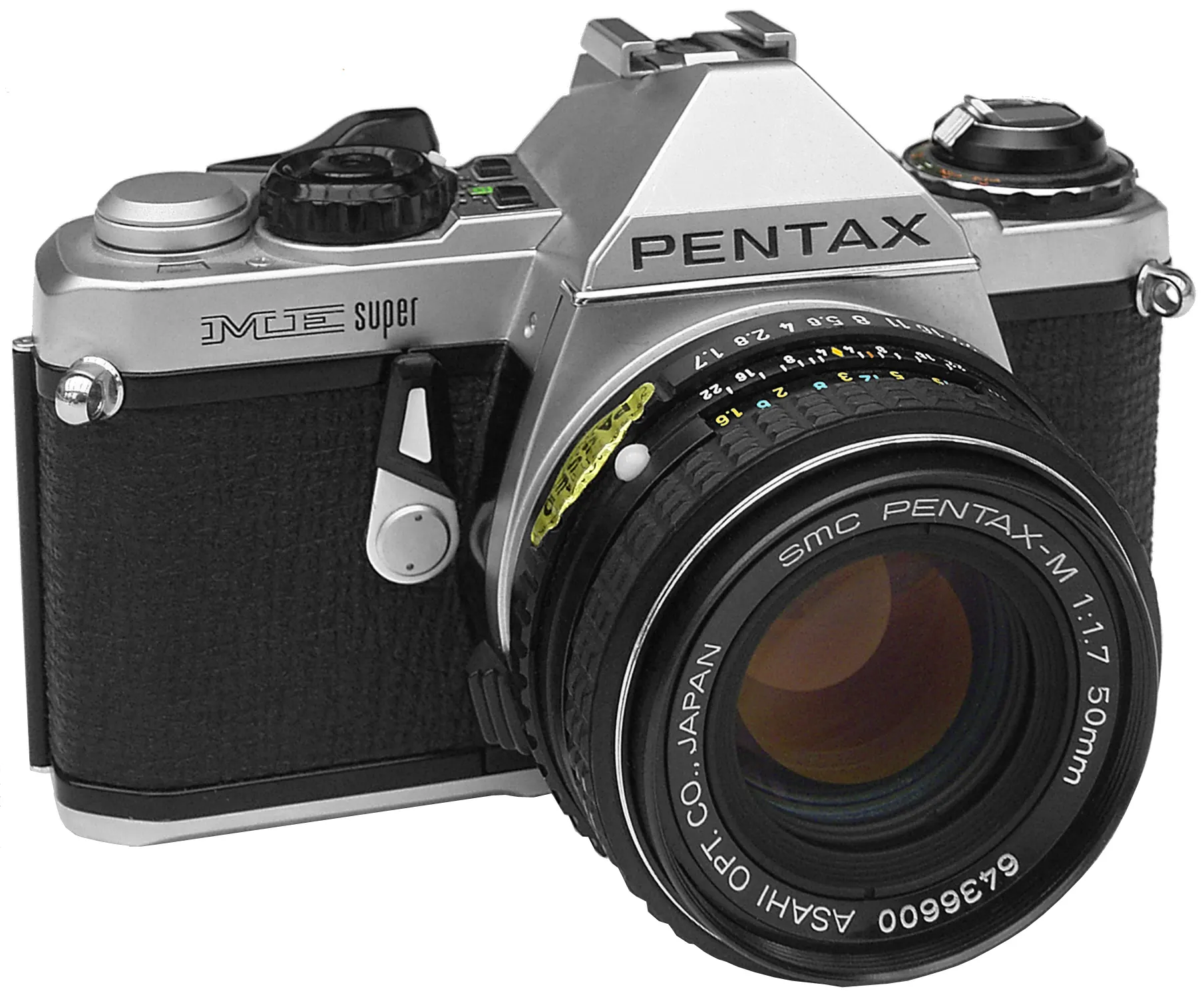 Chrome Pentax ME Super with a 50mm Pentax-M lens, on a white background