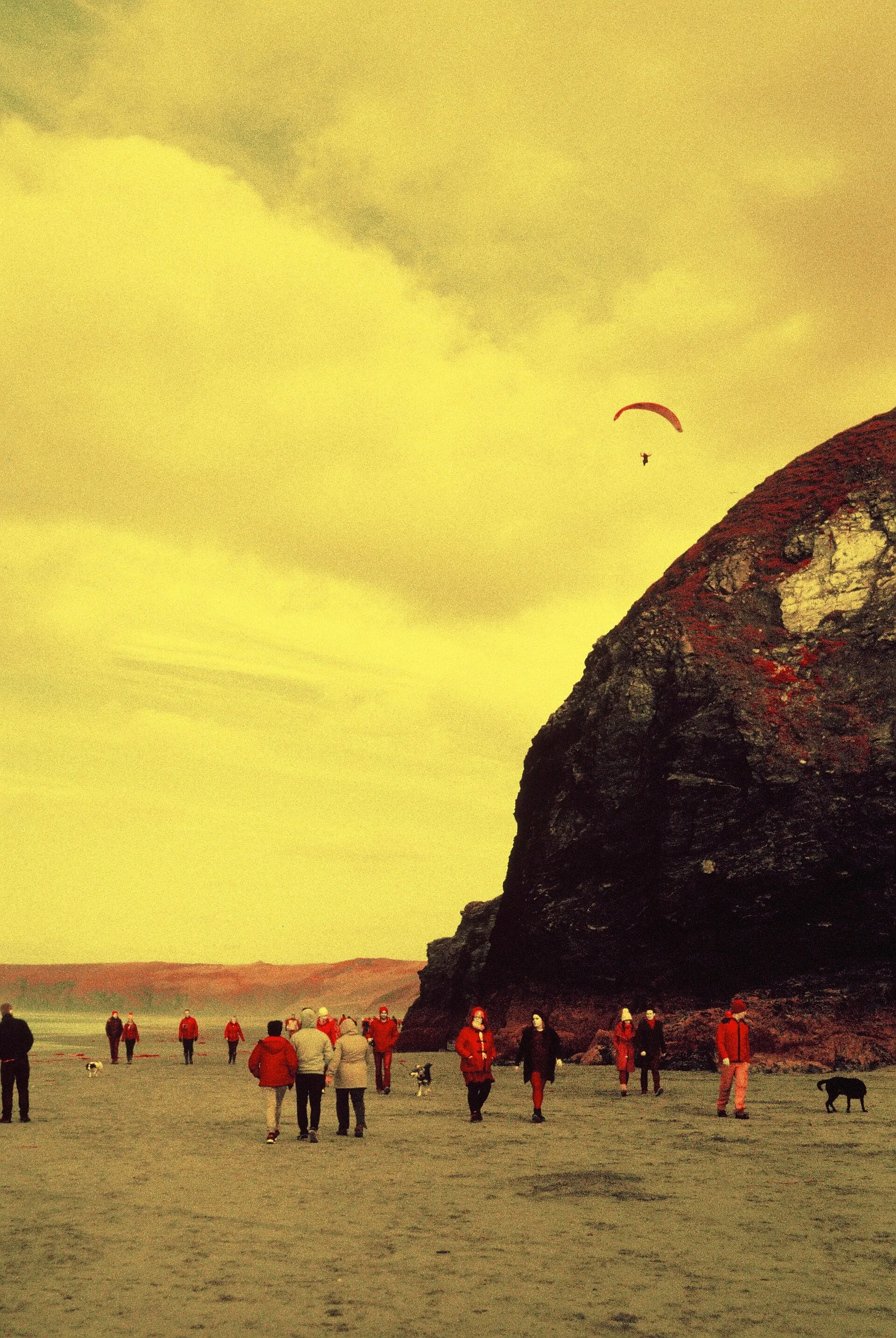 Walkers on Perranporth beach under a yellow sky, with a dark headland and a paraglider