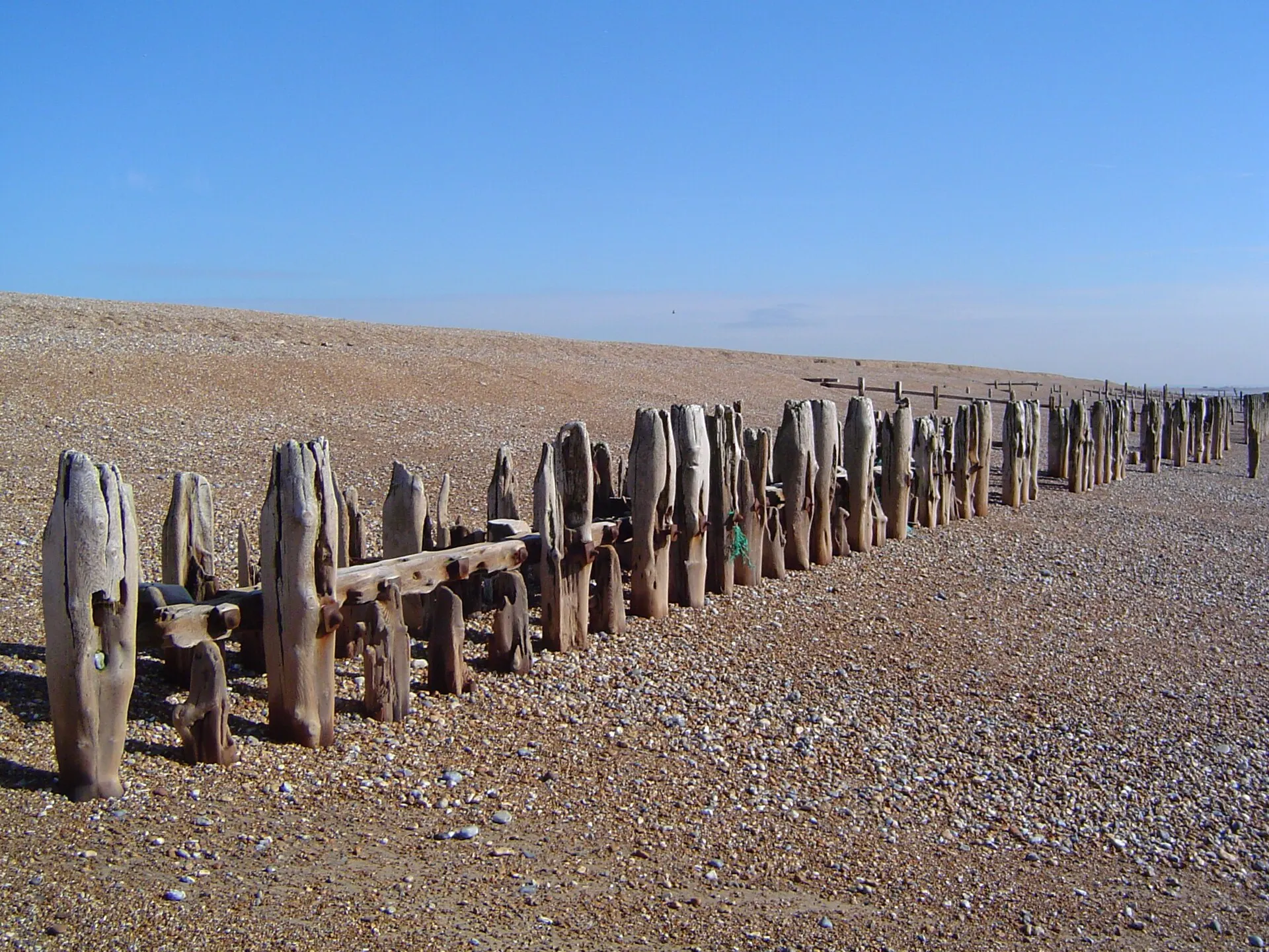 Weathered wooden groynes on a pebble beach under a clear blue sky