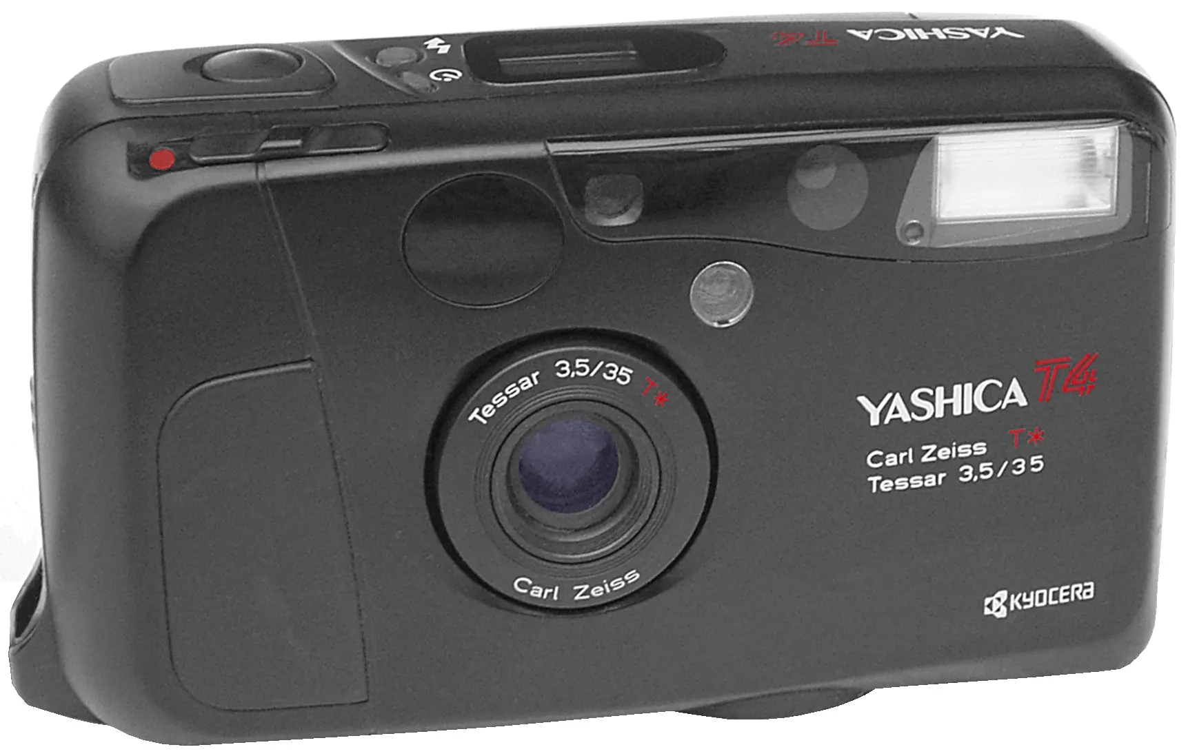 Black Yashica T4 compact 35mm camera seen from the front, with its Carl Zeiss Tessar 35mm f/3.5 lens and built-in flash window, on a white background